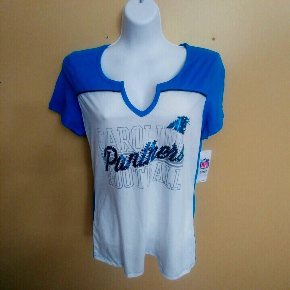 Carolina Panthers T-Shirt White Notched V-Neck  NFL Team Apparel Womens NWT